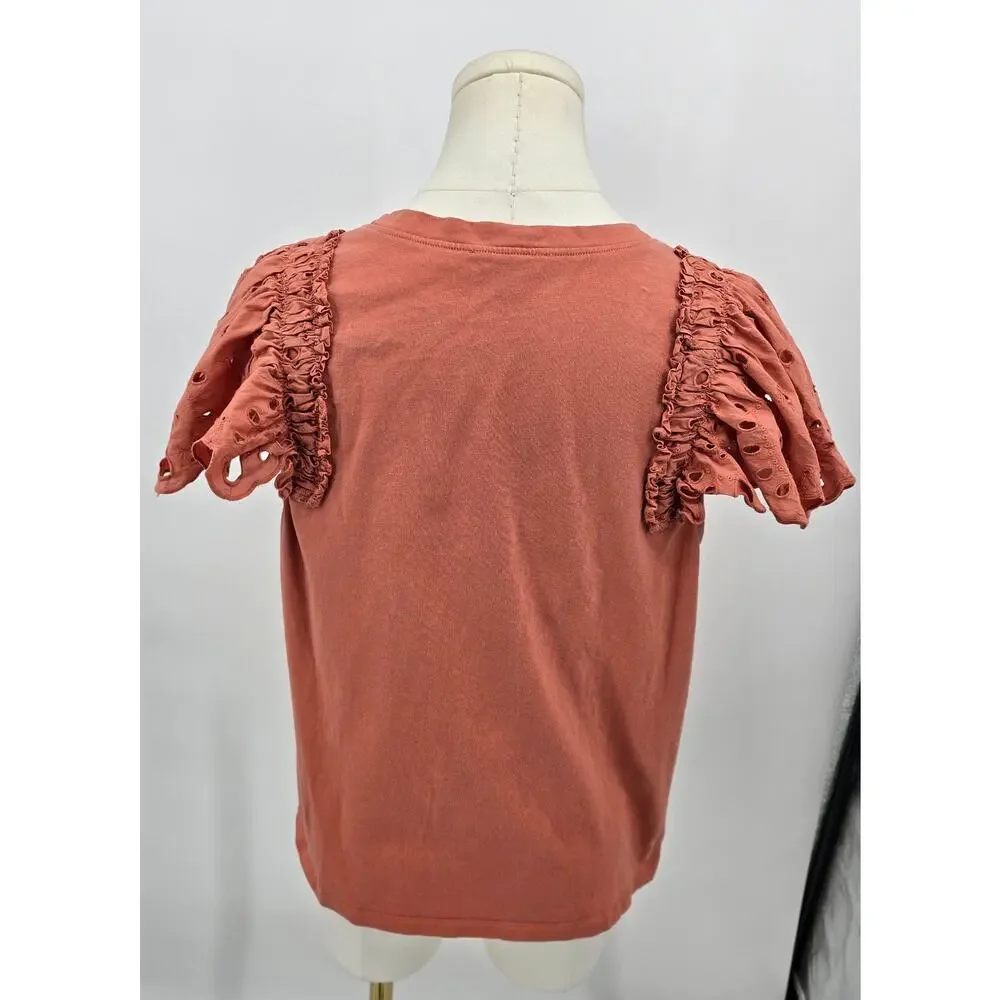 Express Minimalist Preppy‎ Rust Puff Sleeve Eyelet Tee